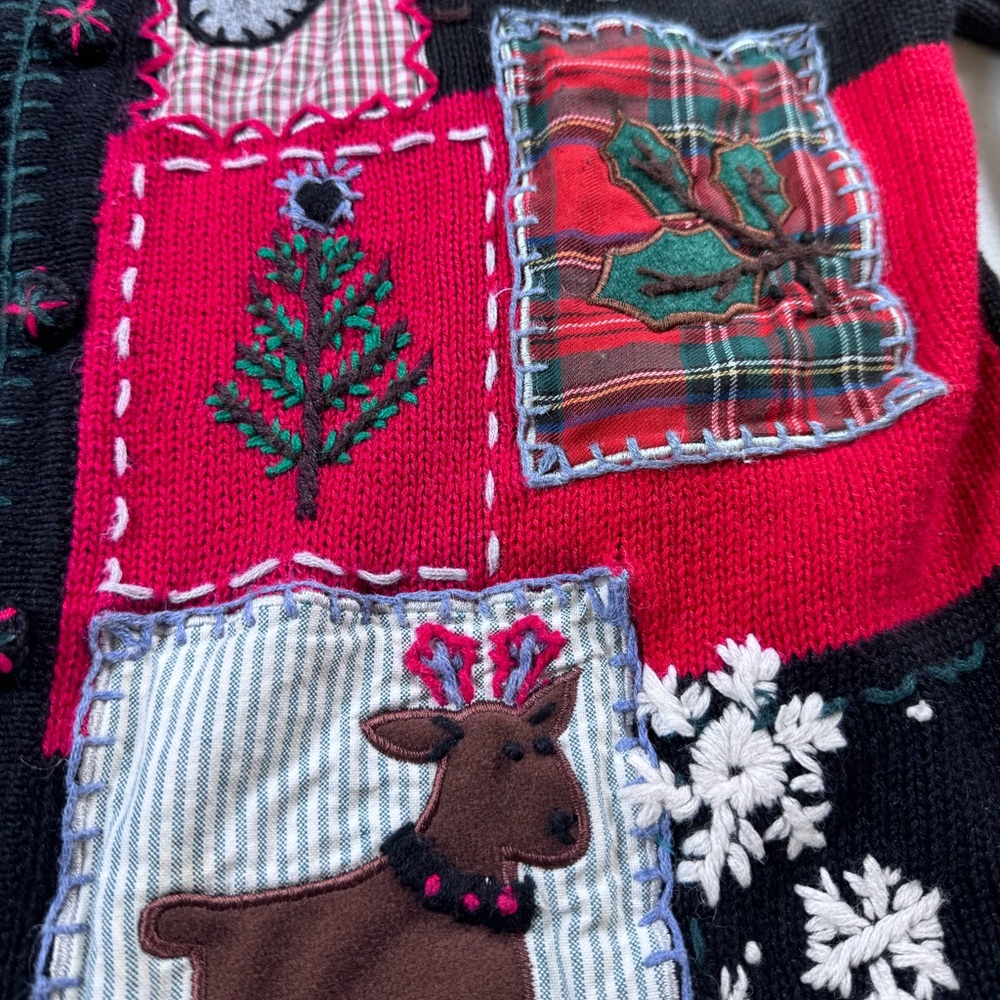 Victoria Jones Vintage Grandmacore Christmas Sweater Cardigan Patchwork Plaid L - Picture 2 of 9